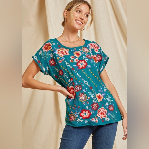 Savanna Jane Teal Classic Dolman Sleeve Embroidered Top - Picture 2 of 9
